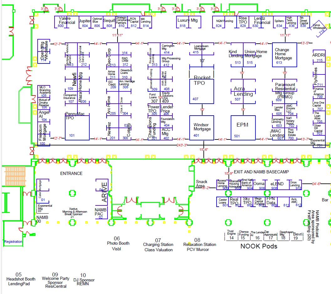 NAMB National 2026 exhibit hall floor plan showing booth locations across the Palace Ballroom, Pre-Function 1, Basecamp, and Nook Pod areas, plus a location map of Augustus, Emperor, and Palace ballrooms